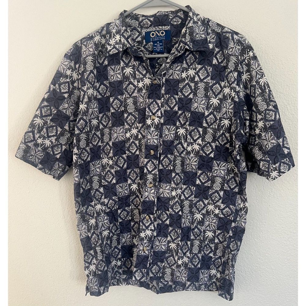 ONO & Company Mens Button Up Short Sleeve Shirt Floral Print Blue/Gray Size M